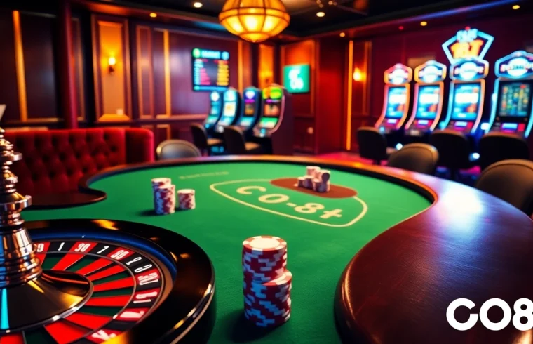 Experience the excitement of GO88 with vibrant casino games, roulette wheels, and poker chips.
