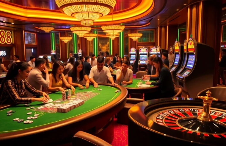 Players enjoying various casino games at lu88, highlighting poker chips and roulette ambiance.