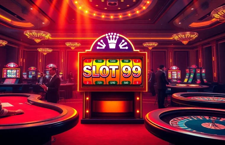 SLOT99 slot machine with winning paylines in a luxurious casino setting, vibrant colors, and exciting ambiance.