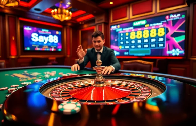 Experience thrilling betting at say88 nhà cái with vibrant casino elements, including roulette and poker chips.