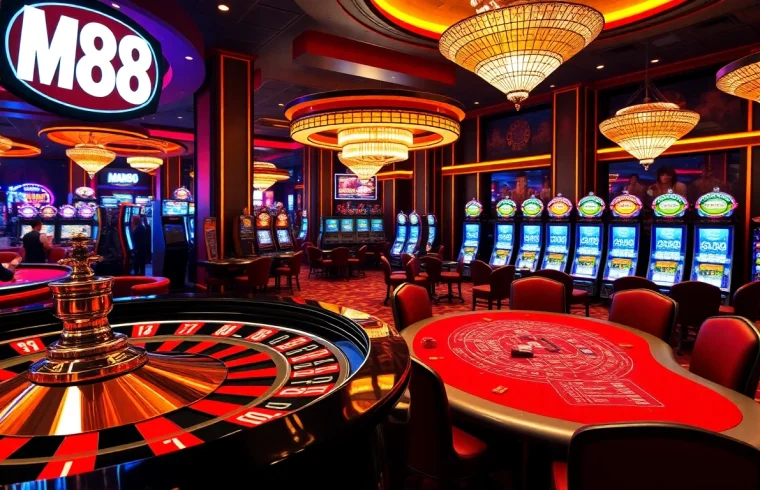 Man88 gaming area featuring an elegant roulette table and vibrant slot machines.