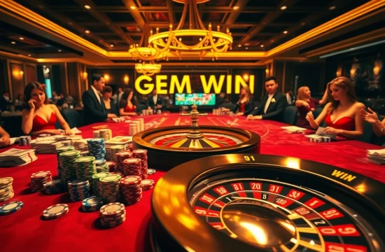 Experience the thrill of GEM WIN at an opulent casino table teeming with vibrant poker chips and cash.
