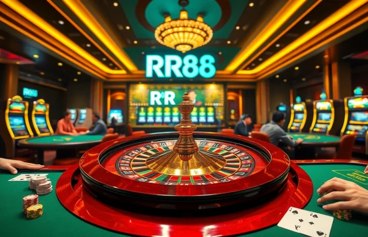 Experience the thrill of RR88 with engaging casino tables and vibrant roulette wheels.