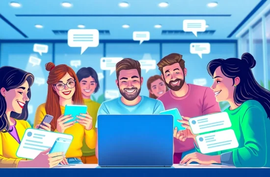 مشهد دردشة ديناميكي يعرض أشخاصاً شباباً يستخدمون شات فله، مع التركيز على التفاعل الاجتماعي.