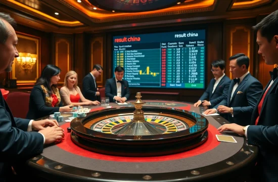 Players eagerly awaiting results at a roulette table, emphasizing 'result china' amidst a vibrant casino atmosphere.