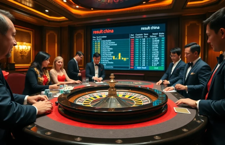 Players eagerly awaiting results at a roulette table, emphasizing 'result china' amidst a vibrant casino atmosphere.