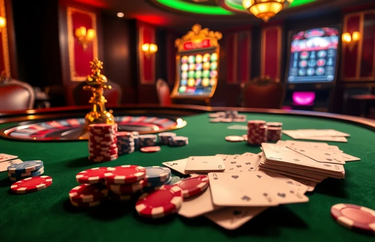 Experience high-stakes gaming excitement with rikvip, featuring poker chips and roulette.