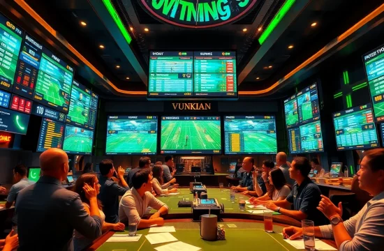 Engaging scene of kèo bóng đá betting with vibrant sportsbook atmosphere and excited fans.