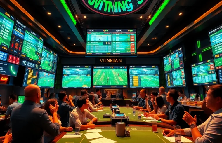 Engaging scene of kèo bóng đá betting with vibrant sportsbook atmosphere and excited fans.