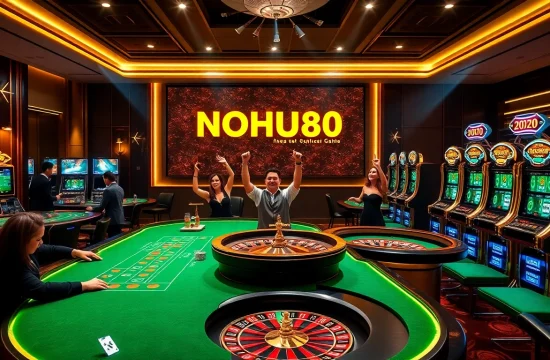 Experience luxury gaming at nhà cái NOHU90 with vibrant casino tables and slot machines.