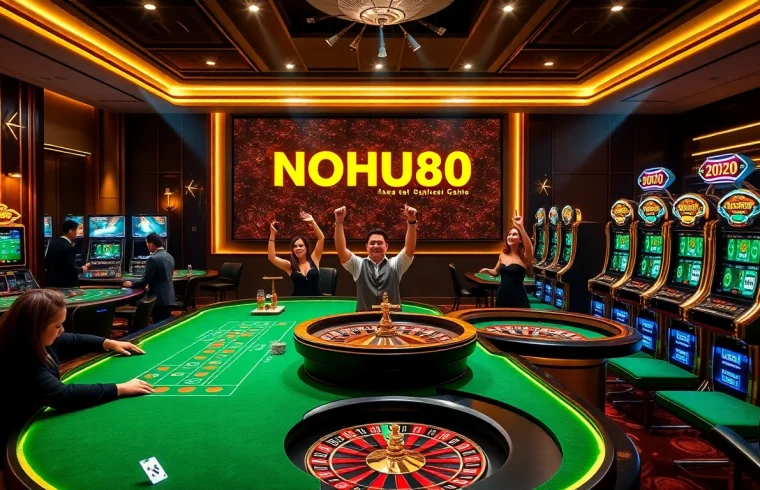 Experience luxury gaming at nhà cái NOHU90 with vibrant casino tables and slot machines.