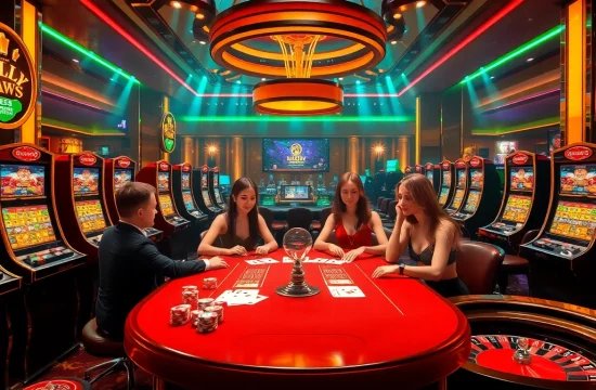 Experience the thrilling vibes of 555win with vibrant casino games and players at the table.