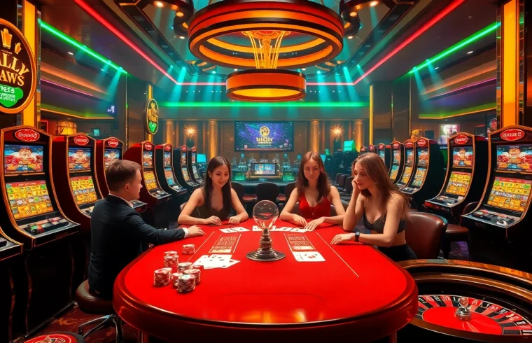 Experience the thrilling vibes of 555win with vibrant casino games and players at the table.