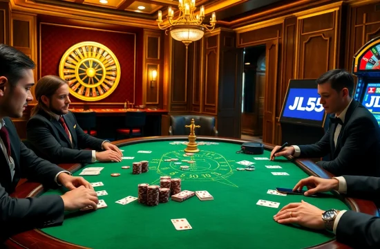 Engaged players at the poker table enjoying high-stakes excitement in a casino scene featuring JL55 elements.
