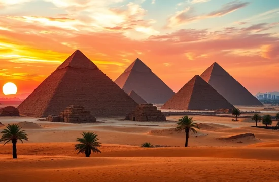 Experience the magnificence of the pyramids through https://piraminds.com/ with an aerial sunset view.