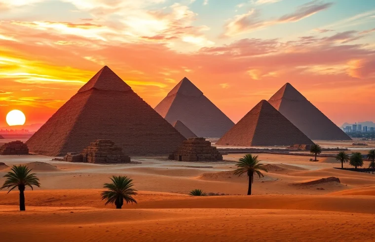Experience the magnificence of the pyramids through https://piraminds.com/ with an aerial sunset view.