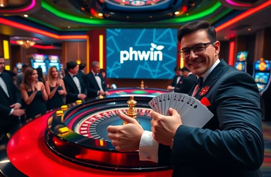 Experience the excitement of phwin with a luxurious casino scene featuring roulette and poker.