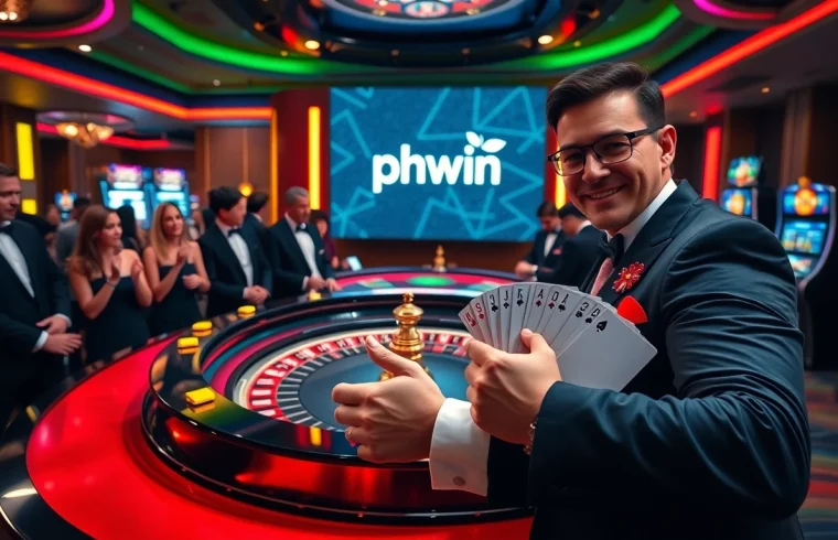 Experience the excitement of phwin with a luxurious casino scene featuring roulette and poker.