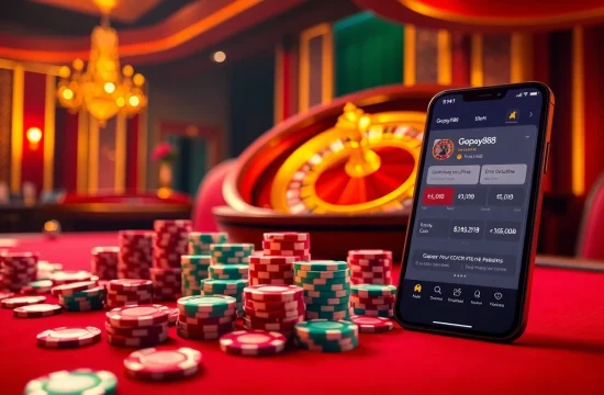 Exciting Gopay88 casino scene with poker chips and a roulette wheel illuminating vibrant gambling atmosphere.