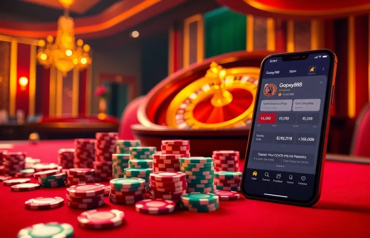 Exciting Gopay88 casino scene with poker chips and a roulette wheel illuminating vibrant gambling atmosphere.