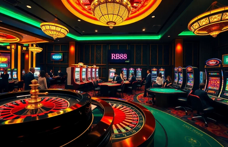 Experience the excitement of RR88 with players at luxurious casino tables.