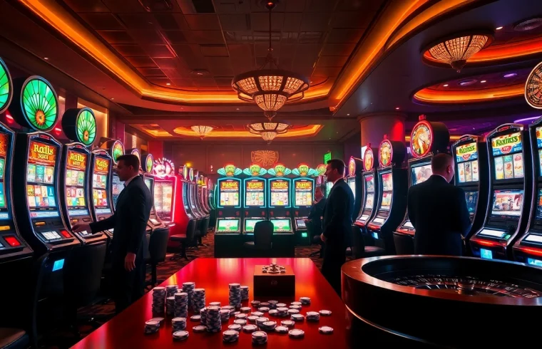 Gamblers enjoying exhilarating slot machine games in a vibrant casino atmosphere.