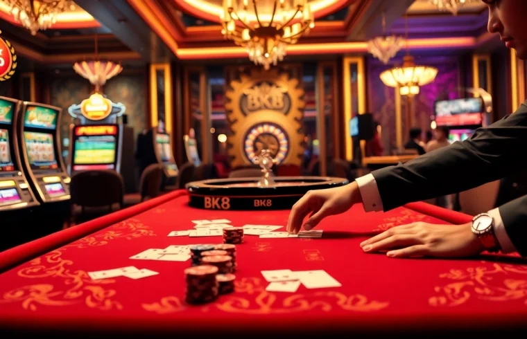 Engaged gambler at a BK8 เว็บตรง casino table with vibrant chips and cards, exuding excitement.