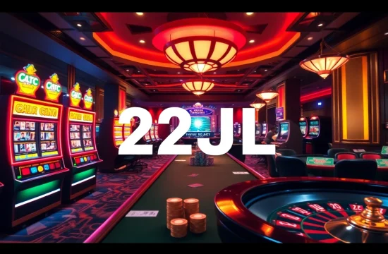 Enjoying a thrilling game at 22JL casino with vibrant slot machines and poker tables.