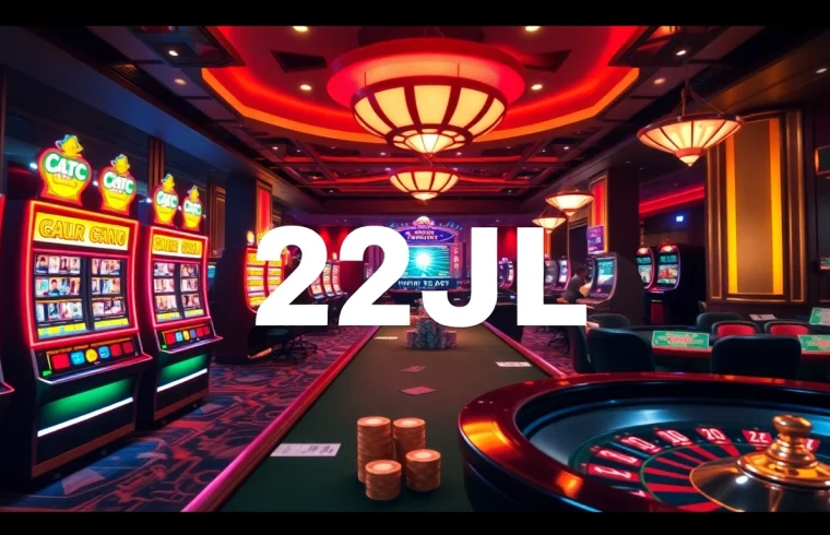 Enjoying a thrilling game at 22JL casino with vibrant slot machines and poker tables.