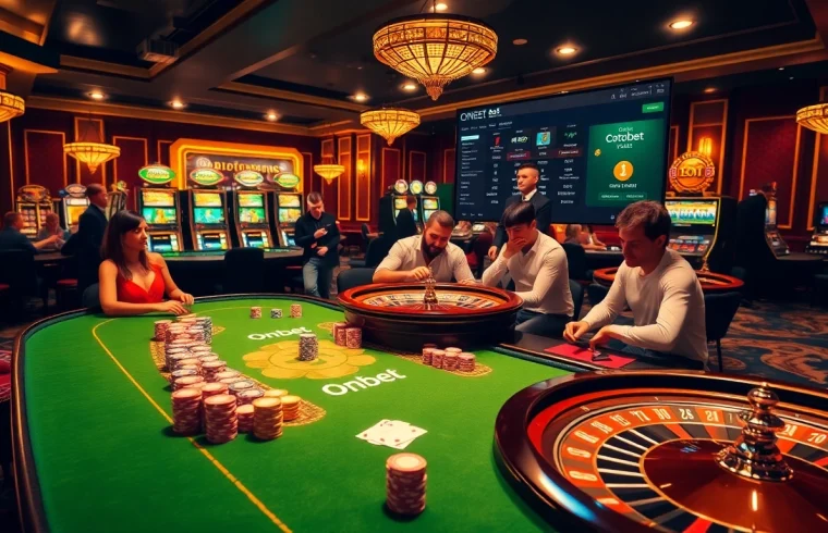 Winning moment at ONBET with players celebrating around vibrant casino tables.
