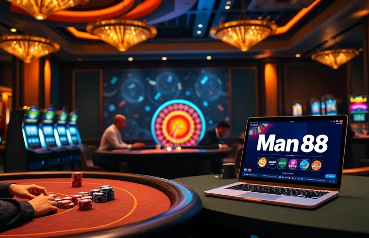 Man88 casino scene with poker tables, roulette wheel, and vibrant slot machines illuminating the atmosphere.
