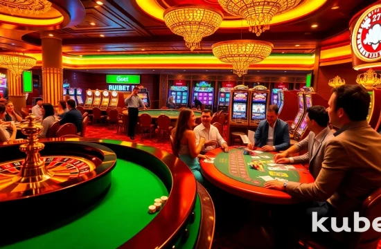 Kubet players enjoying an exciting casino atmosphere with roulette, poker, and slot machines.