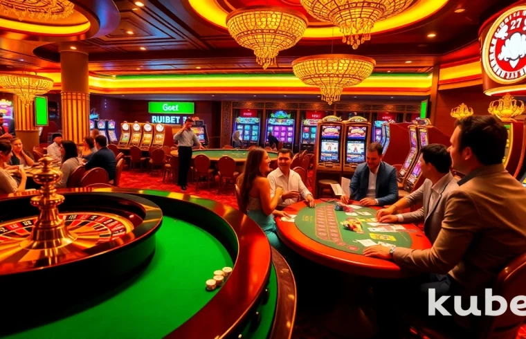 Kubet players enjoying an exciting casino atmosphere with roulette, poker, and slot machines.