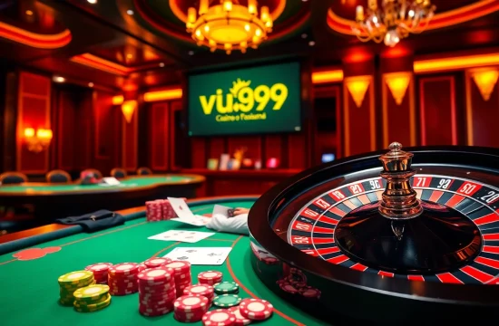 Experience the thrill of gambling at vua99 with an engaging casino scene featuring vibrant poker action.