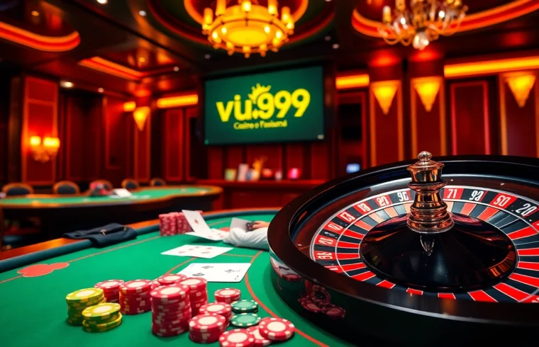 Experience the thrill of gambling at vua99 with an engaging casino scene featuring vibrant poker action.