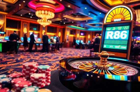 RR88 gamblers testing their luck at a vibrant casino table with poker chips and a roulette wheel.