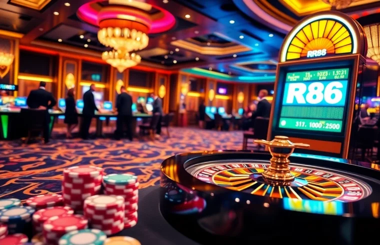 RR88 gamblers testing their luck at a vibrant casino table with poker chips and a roulette wheel.