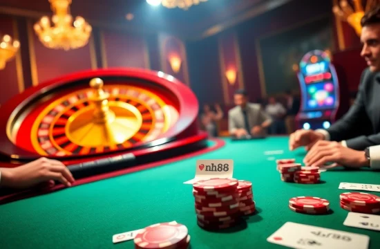 Engaged players at the nh88 casino table, showcasing excitement with poker chips and cards.