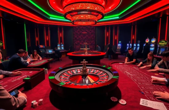 Players engaging with roulette and poker at fun79.today casino in a vibrant gaming hall.