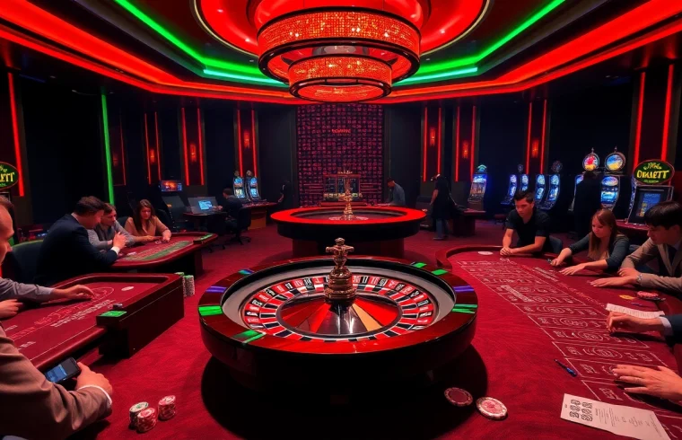 Players engaging with roulette and poker at fun79.today casino in a vibrant gaming hall.
