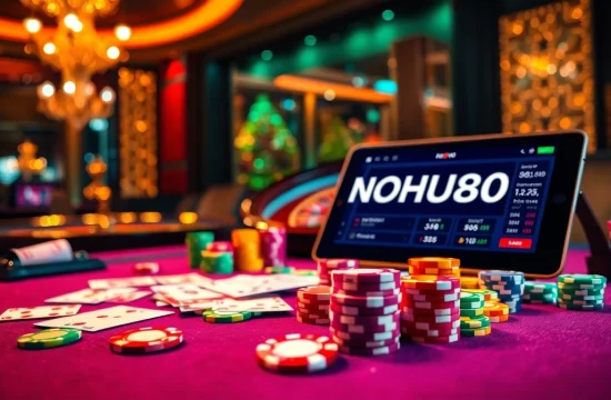 Action-packed casino scene featuring NOHU90 poker tables and vibrant chips.