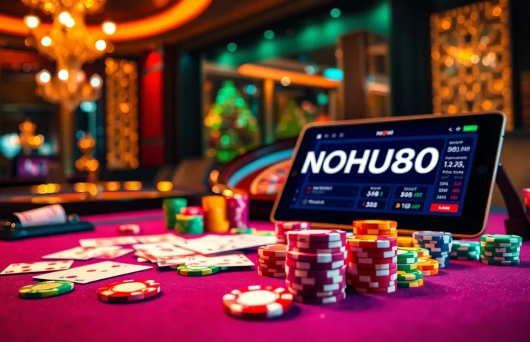 Action-packed casino scene featuring NOHU90 poker tables and vibrant chips.