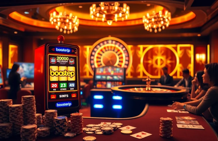 Experience the thrill of winning at the boosterjp slot machines, surrounded by vibrant poker chips and exciting casino ambiance.