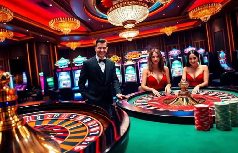 Experience the thrill of gaming at gg88.mov with players enjoying roulette and poker in a luxurious casino environment.