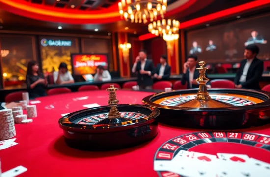 Engaging players at a luxurious casino table discussing liên hệ okfun for support.