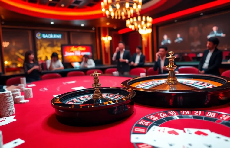 Engaging players at a luxurious casino table discussing liên hệ okfun for support.