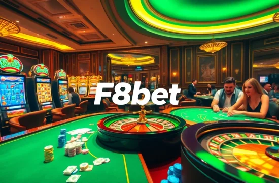 Experience the thrill of F8bet with vibrant casino tables, poker chips, and engaging players.