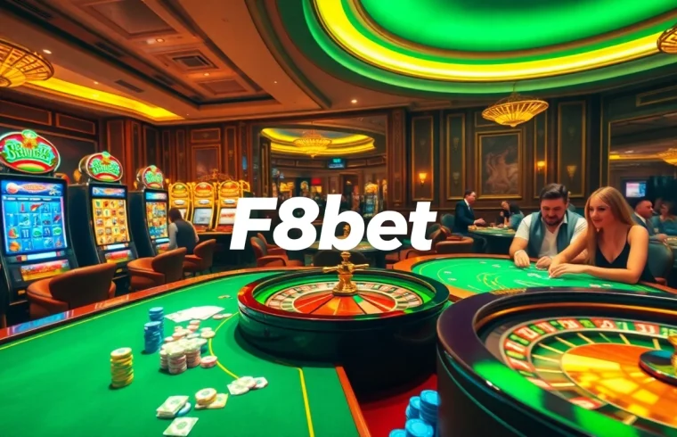 Experience the thrill of F8bet with vibrant casino tables, poker chips, and engaging players.