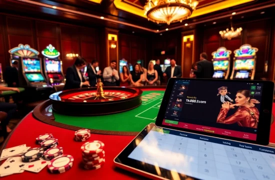 Gambling excitement at https://tk888.it.com/ with poker chips, roulette table, and slot machines.