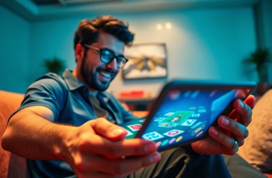 Exciting gameplay of Yono Rummy on a tablet, surrounded by a vibrant atmosphere.